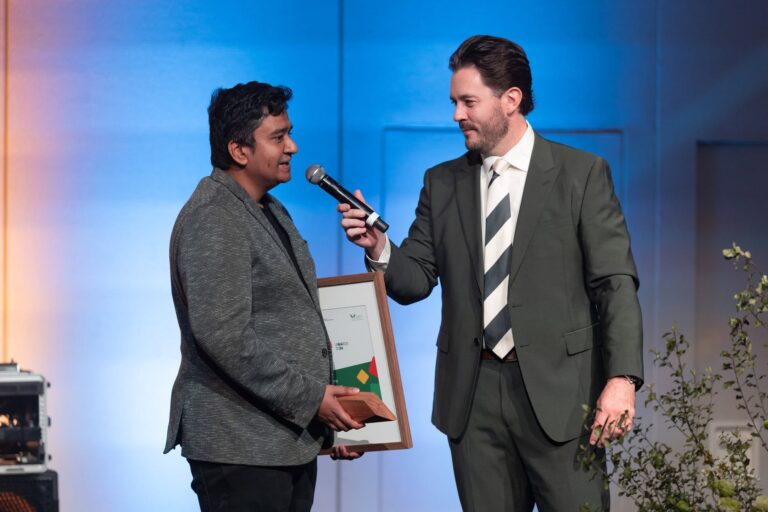 Edible Cutlery being interviewed on stage after winning the Innovation Award
